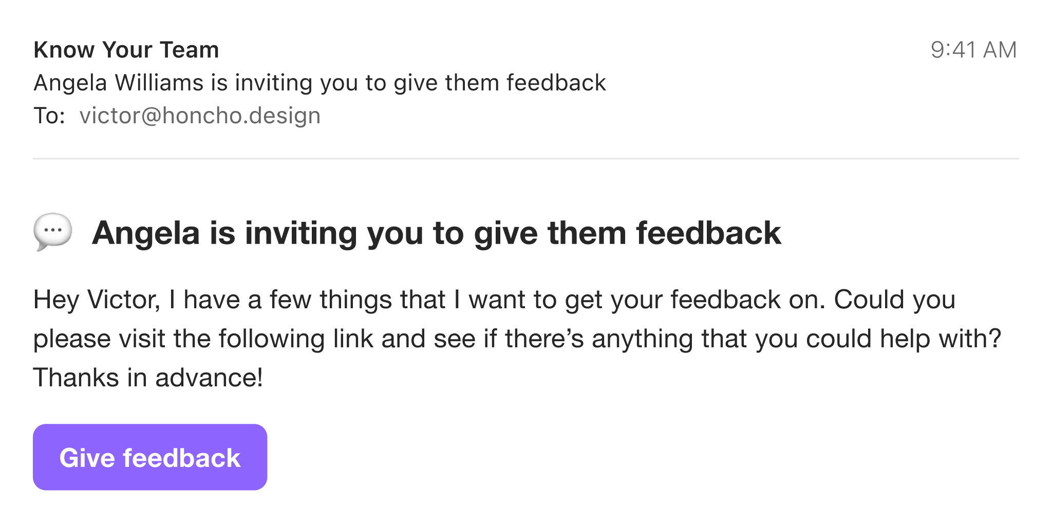 An email invitation to give someone feedback